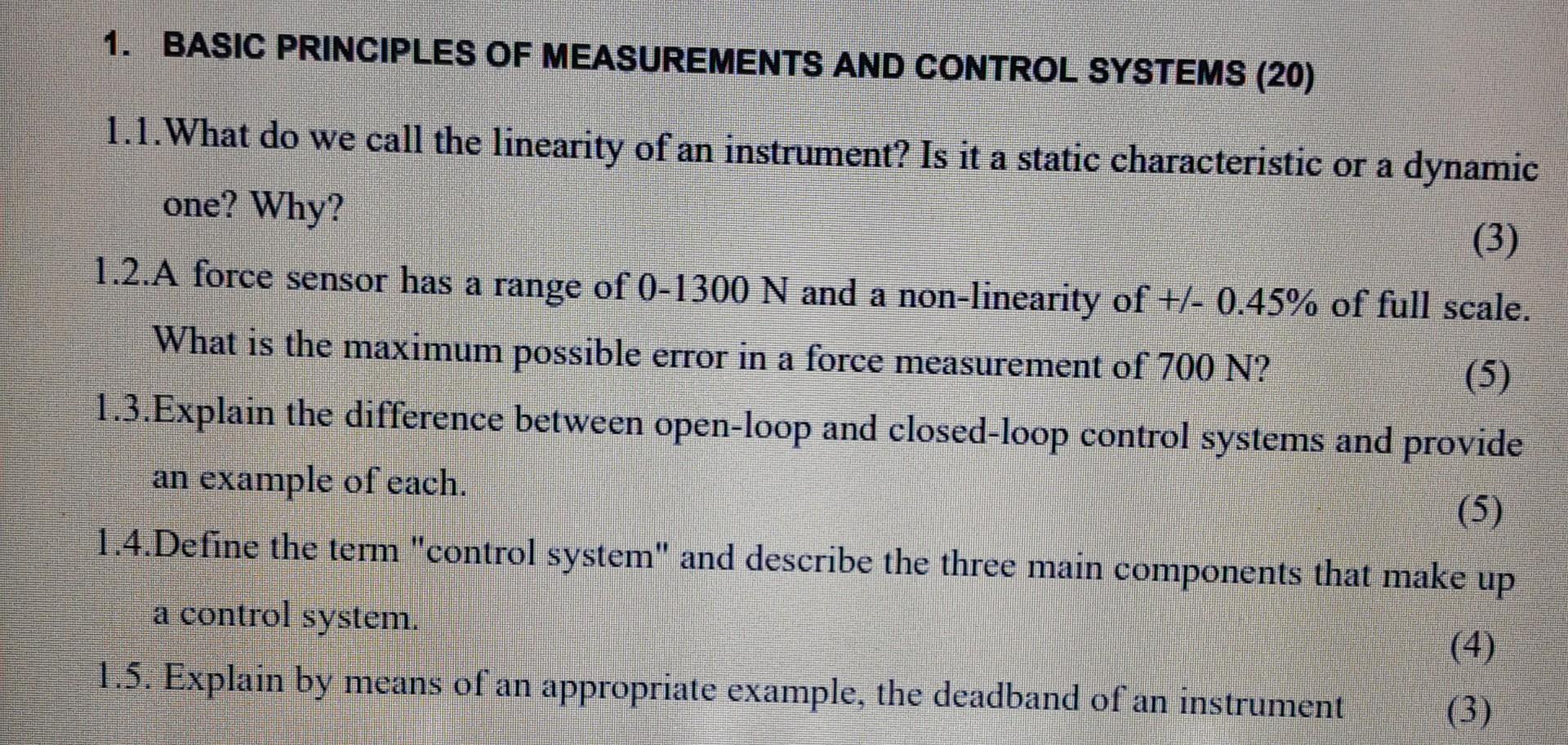 Solved 1. BASIC PRINCIPLES OF MEASUREMENTS AND CONTROL | Chegg.com