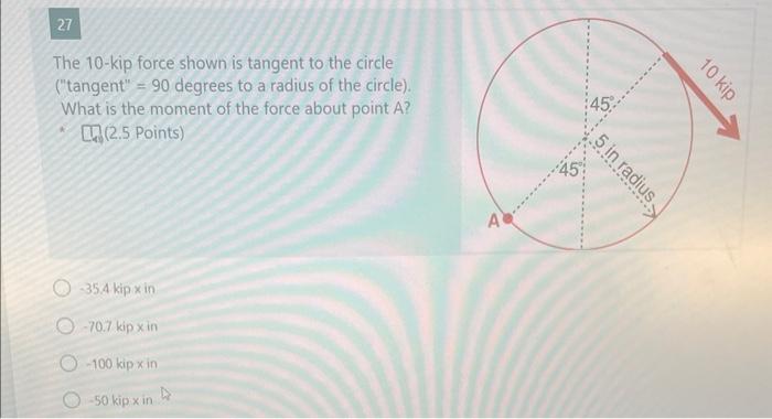 Solved The 10 -kip force shown is tangent to the circle | Chegg.com