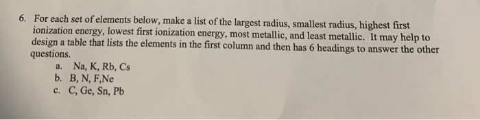 Solved 6. For each set of elements below, make a list of the | Chegg.com