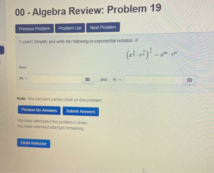 Solved 00 - Algebra Review: Problem 19 Previous Problem | Chegg.com