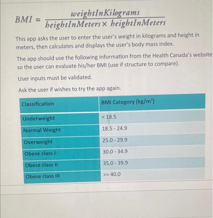 Solved Body Mass Index Calculator: The Formular For | Chegg.com