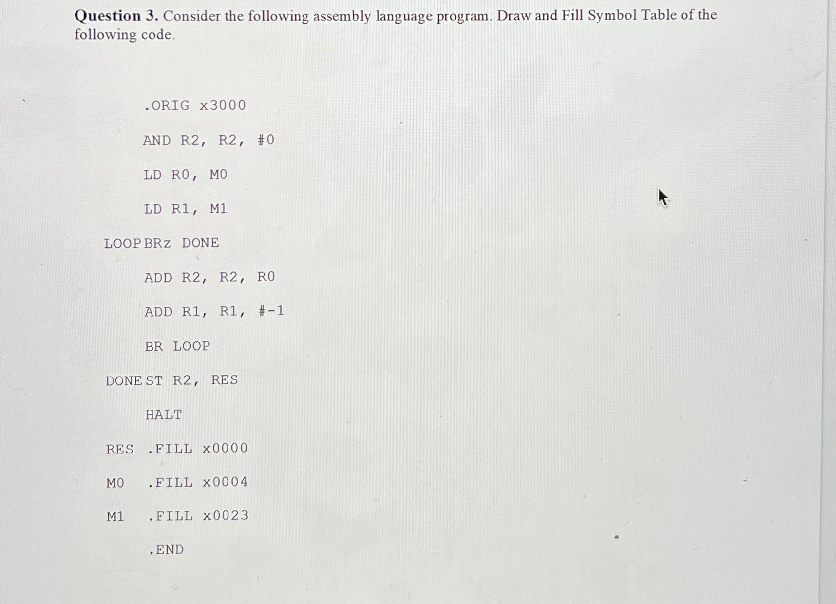 Solved Question 3. ﻿Consider the following assembly language | Chegg.com