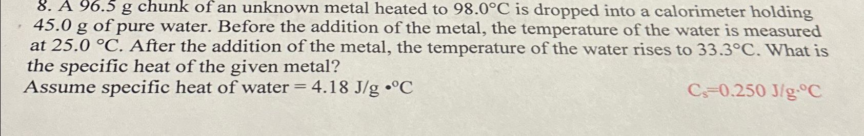 Solved A 96.5g ﻿chunk of an unknown metal heated to 98.0°C | Chegg.com