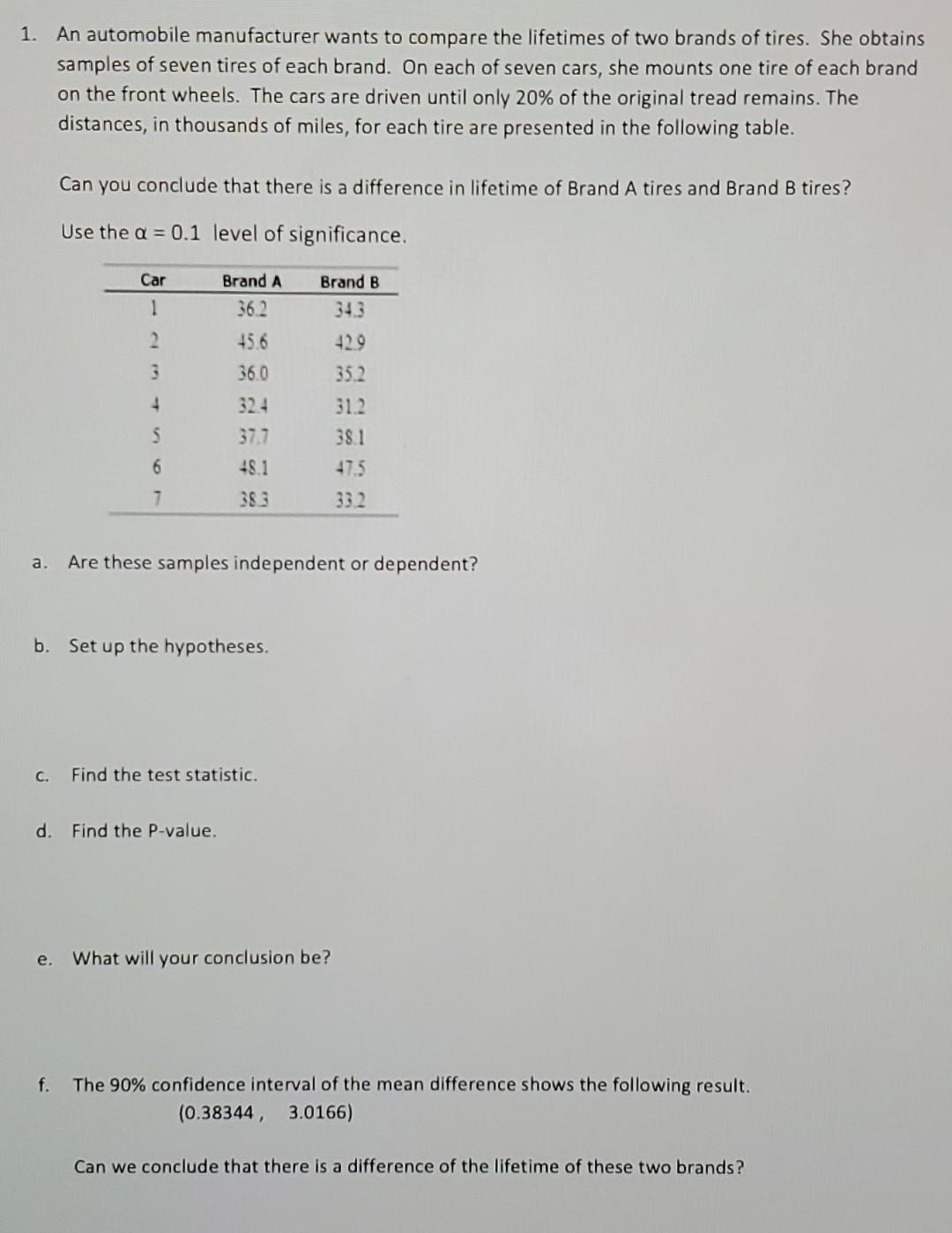 Solved 1. An Automobile Manufacturer Wants To Compare The | Chegg.com