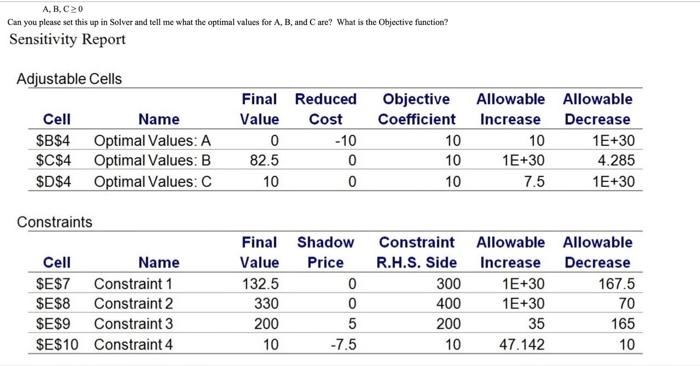 \[
A, B, C \geq 0
\]
Can you please set this up in Solver and tell me what the optimal values for \( \mathrm{A}, \mathrm{B} \