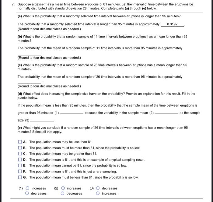 Solved 7. Suppose a geyser has a mean time between eruptions | Chegg.com