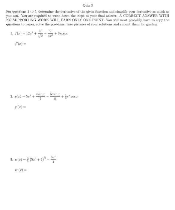 Solved For questions 1 to 5, determine the derivative of the | Chegg.com