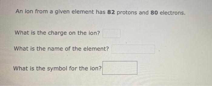 An ion from a given element has 82 protons and 80 electrons.
What is the charge on the ion?
What is the name of the element?
