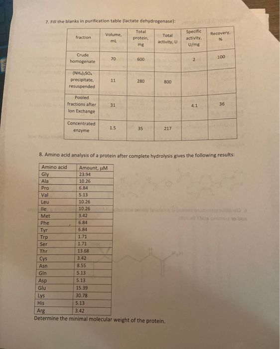 Solved 7 Fill The Blanks In Purification Table Lactate Chegg Com