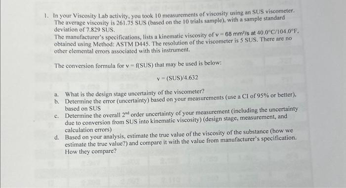 Solved In your Viscosity Lab activity, you took 10 | Chegg.com