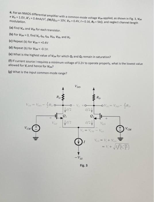 Solved 4. For an NMOS differential amplifier with a