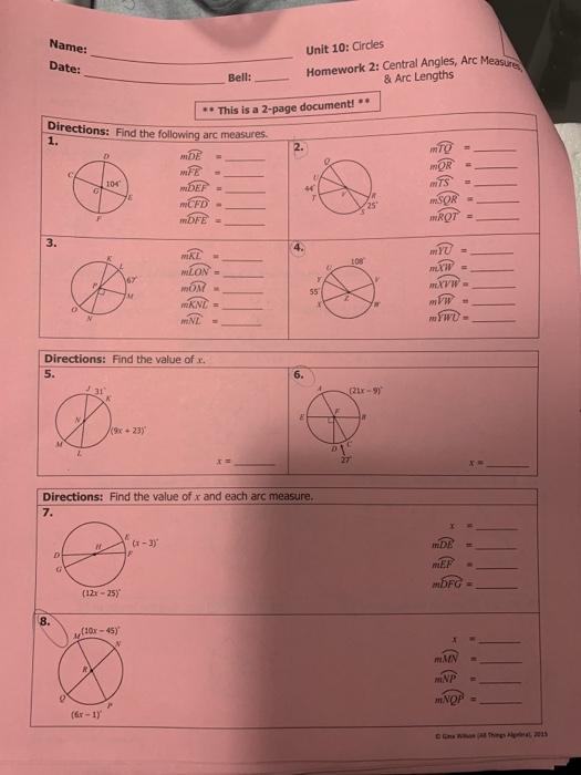 central angles and arc measures homework