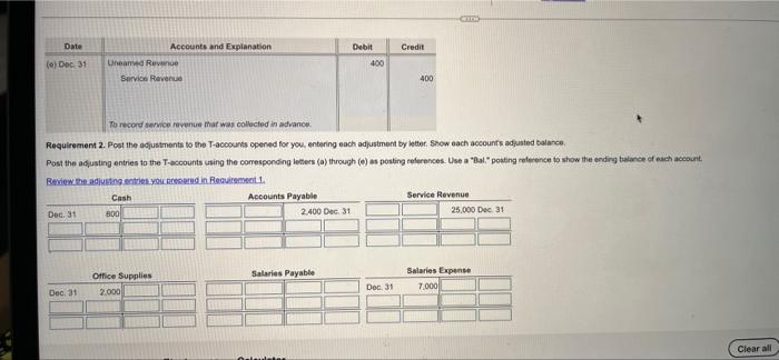 Accounts and Explanation
Date
(0) Dec 31
Uneamed Revenge
400
Service Revenue
400
To record service revenue that was collected