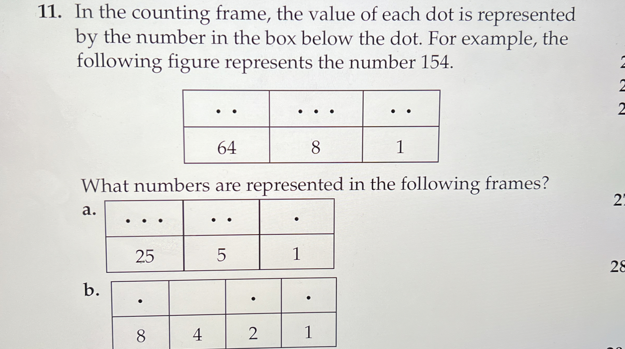 In the counting frame, the value of each dot is