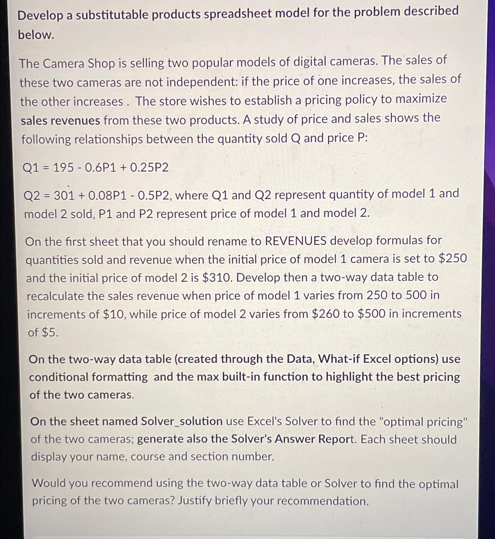 Solved Develop A Substitutable Products Spreadsheet Model Chegg Com