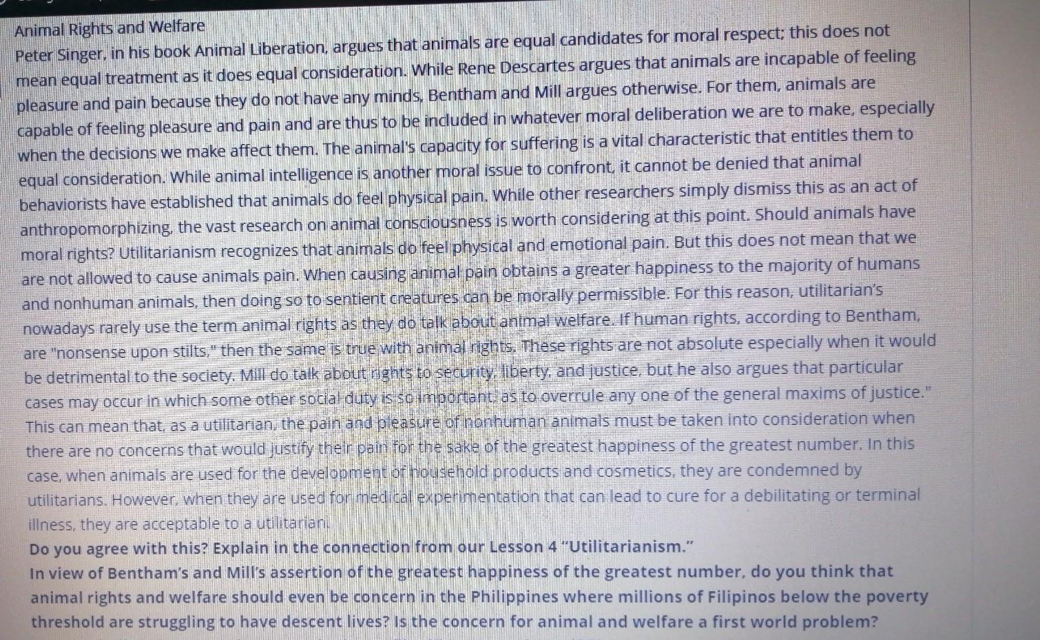 Animal Rights and Welfare Peter Singer, in his book | Chegg.com