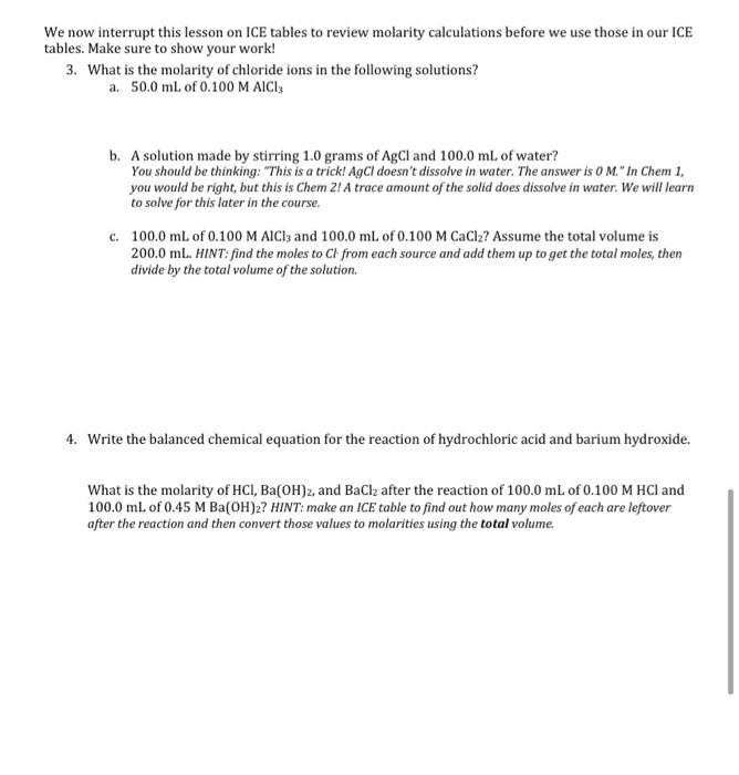 Solved Name Molarity of Leftover lons via ICE Tables In Chem