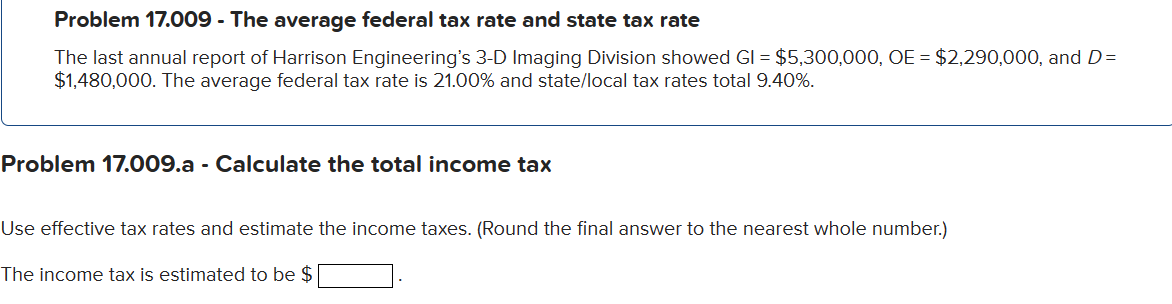 Solved Problem 17.009 - ﻿The average federal tax rate and | Chegg.com