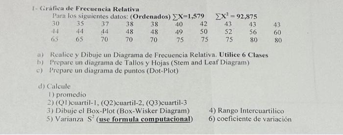 a) Realice y Dibuje un Diagrama de Frecuencia Relativa. Utilice 6 Clases b) Prepare un diagrama de Tallos y Hojas (Stem and L