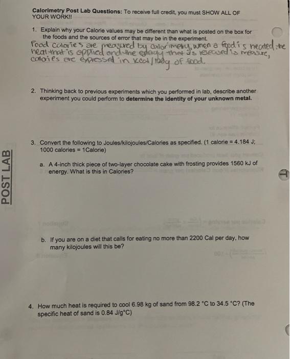 Solved Calorimetry Post Lab Questions To receive full