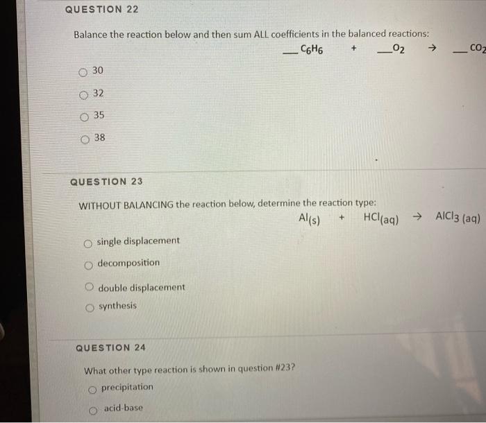 Solved QUESTION 22 Balance the reaction below and then sum | Chegg.com