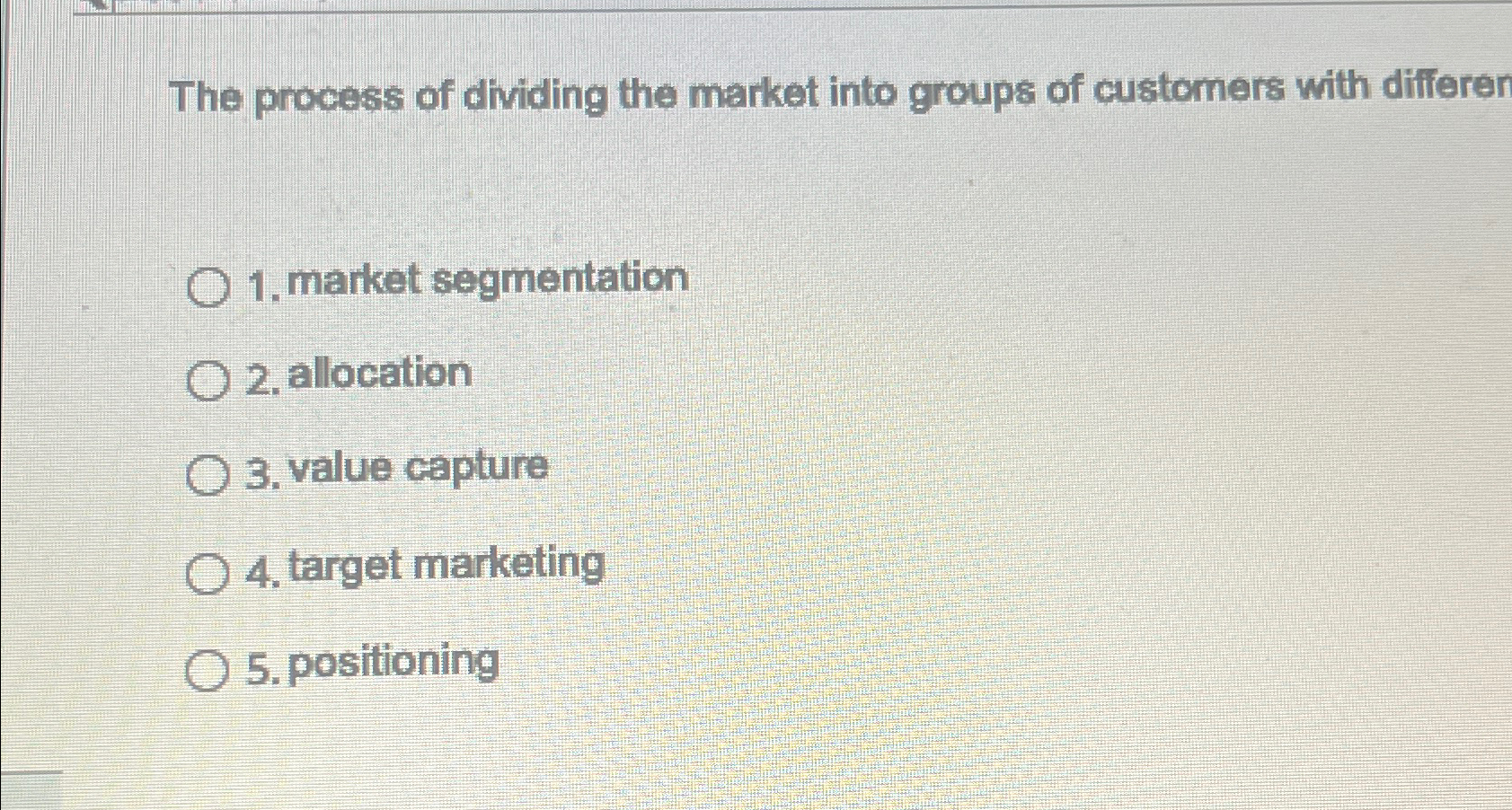 Solved The process of dividing the market into groups of | Chegg.com