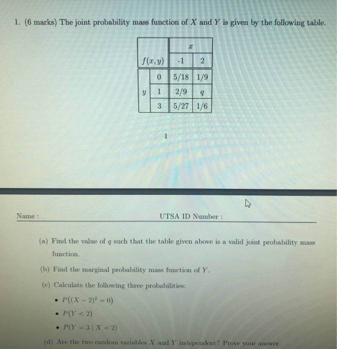 Solved 1. (6 Marks) The Joint Probability Mass Function Of X | Chegg.com