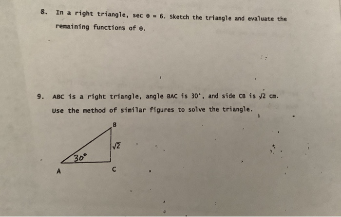 Solved 8) in a right triangle, sec 0=6. sketch the triangle | Chegg.com