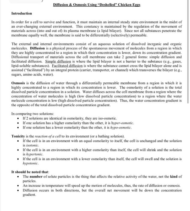 Solved Diffusion & Osmosis Using "Deshelled Chicken Eggs