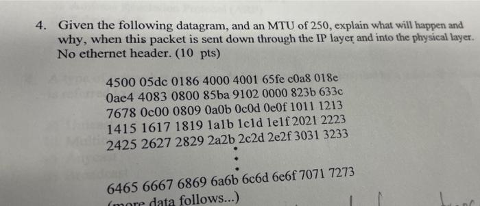 Solved 4. Given the following datagram, and an MTU of 250, | Chegg.com