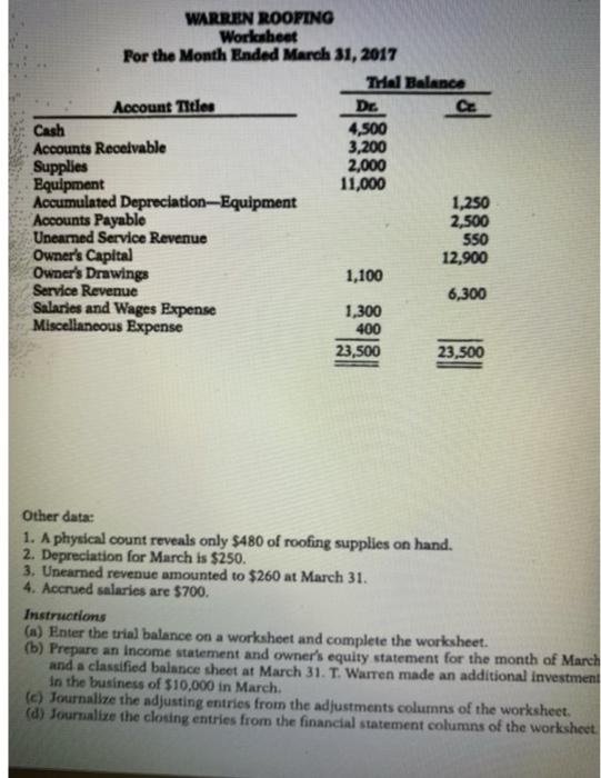 Solved | 01 WARREN ROOFING Worksheet For the Month Ended | Chegg.com