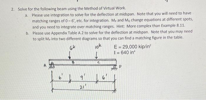 2. Solve for the following beam using the Method of Virtual Work.
a. Please use integration to solve for the deflection at mi