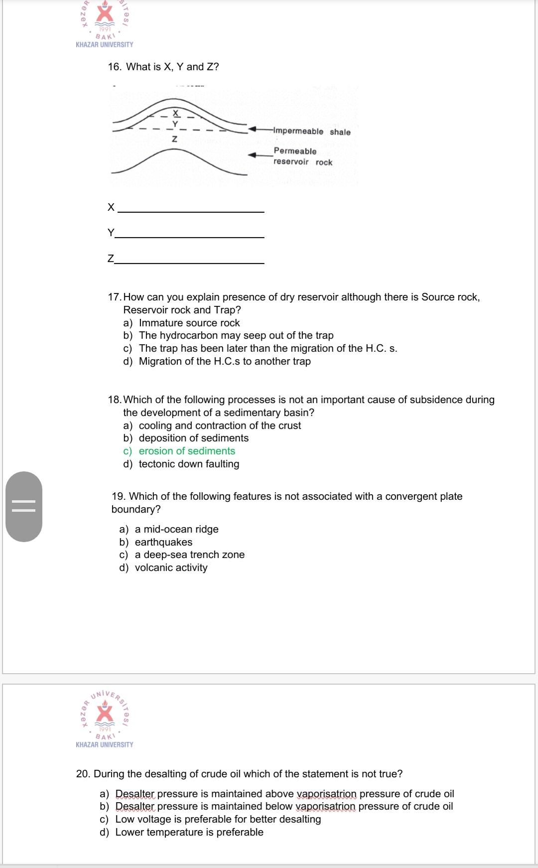dezex Gitas) BAKI KHAZAR UNIVERSITY 16. What is X, Y and Z? -Impermeable shale Z Permeable reservoir rock Х Y Z 17. How can y