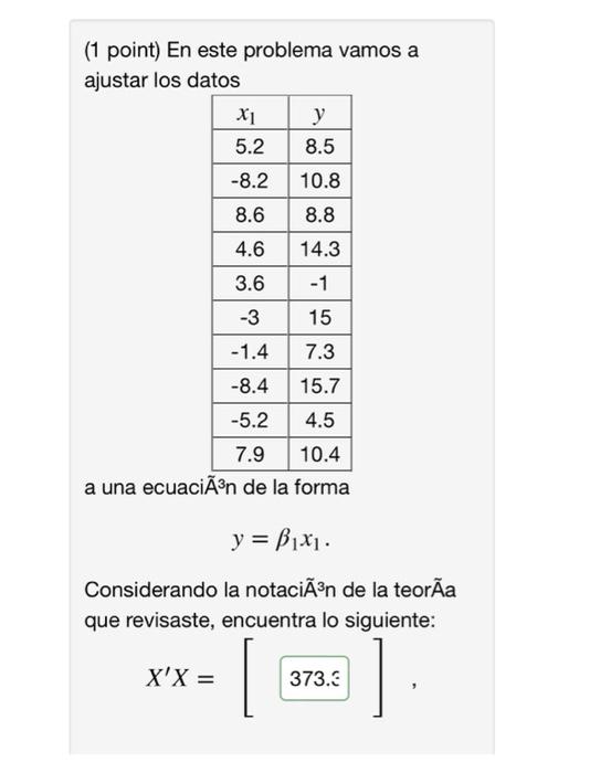 (1 point) En este problema vamos a ajustar los datos X1 y 5.2 8.5 -8.2 10.8 8.6 8.8 4.6 14.3 3.6 -1 -3 15 -1.4 7.3 -8.4 15.7