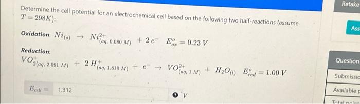 Solved Determine The Cell Potential For An Electrochemical 7591