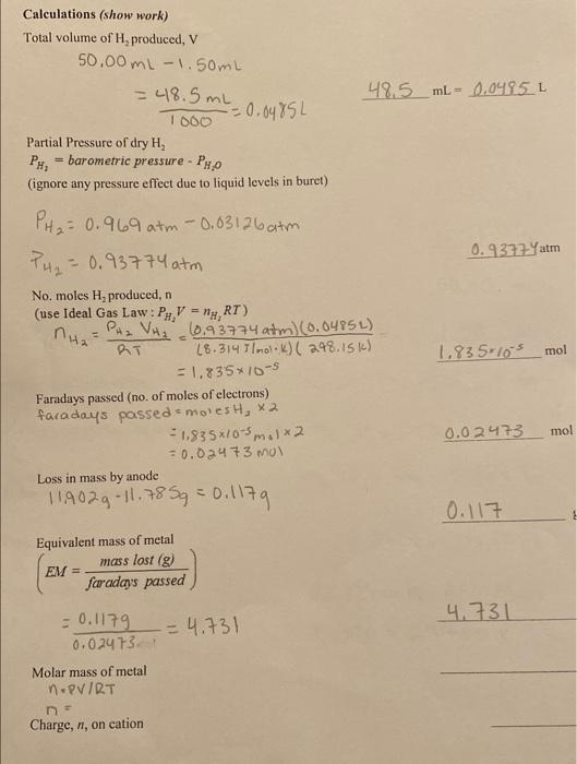 Solved Calculations (show work) Total volume of H2 produced, | Chegg.com