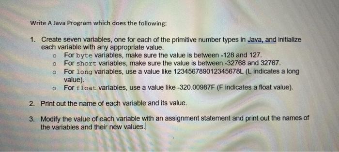 Solved Write A Java Program which does the following: o 1. | Chegg.com
