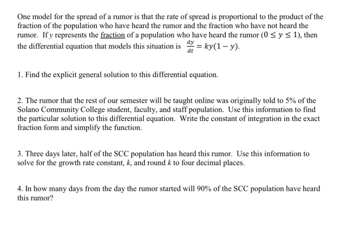 Solved One Model For The Spread Of A Rumor Is That The Rate | Chegg.com