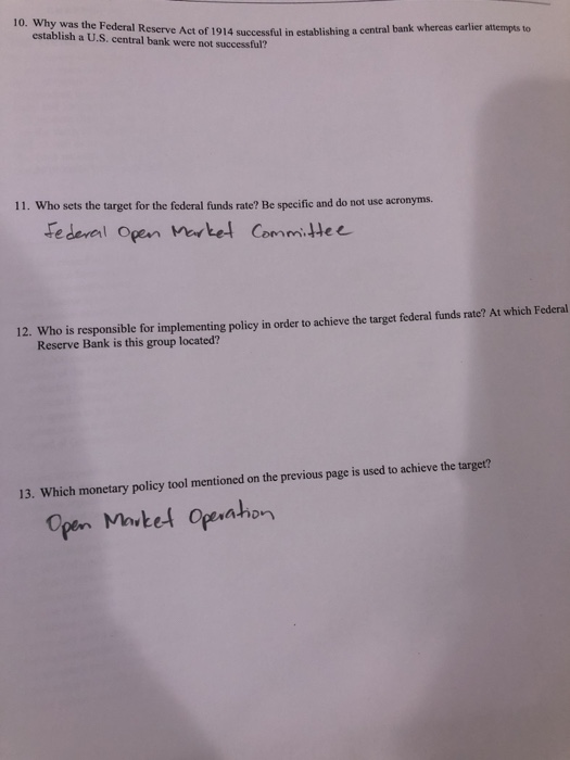 Solved 10 Why Was The Federal Reserve Act Of 1914 Succes