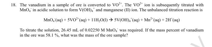 Solved 8. The vanadium in a sample of ore is converted to | Chegg.com