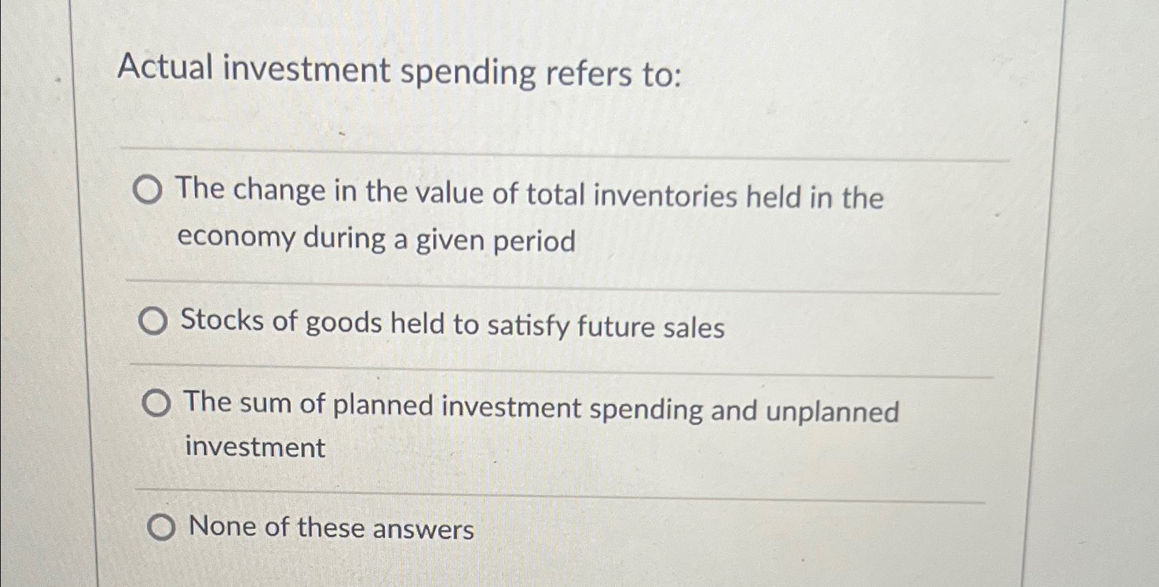 Solved Actual investment spending refers toThe change in