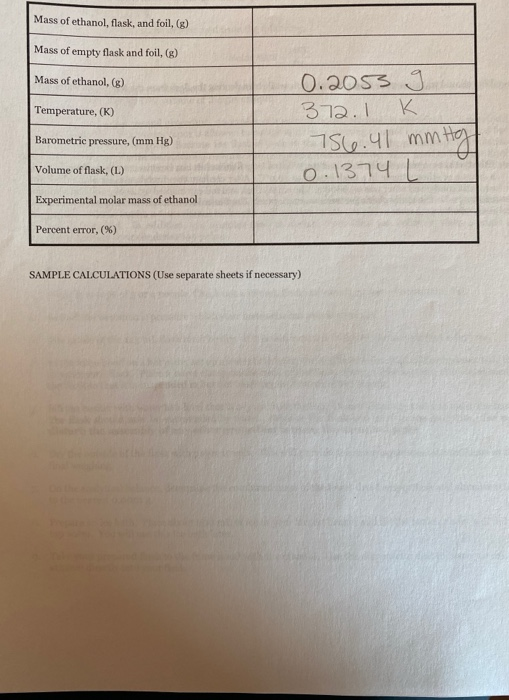 experiment 1 calculating the molar mass of ethanol