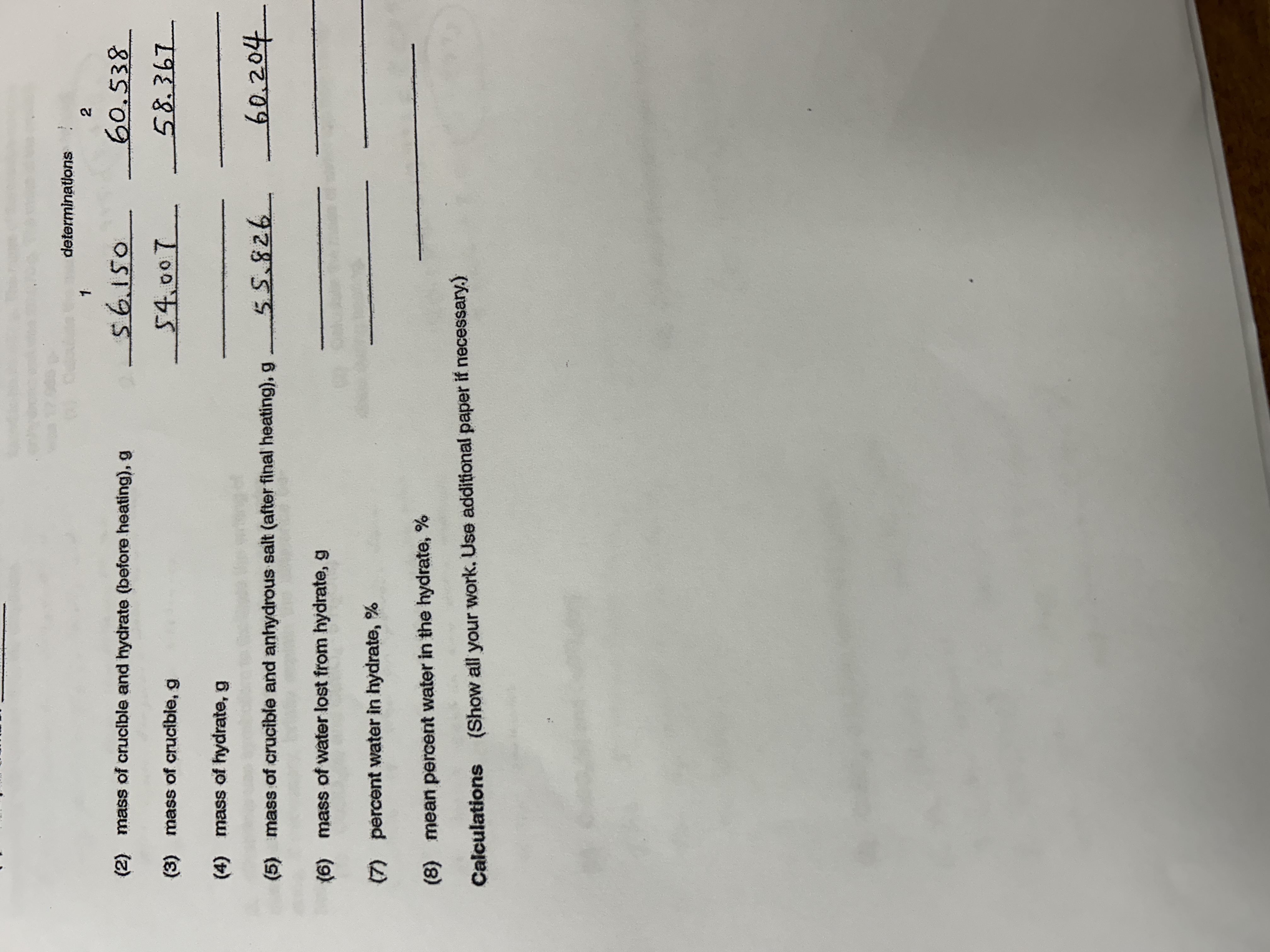 Solved (2) ﻿mass of crucible and hydrate (before