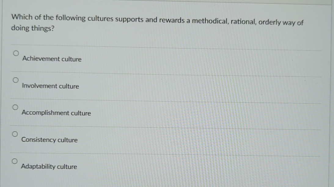 Solved Which of the following cultures supports and rewards | Chegg.com