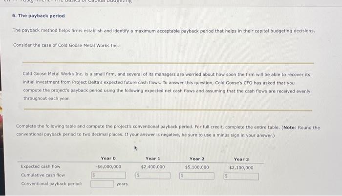 Solved 6. The payback period The payback method helps firms | Chegg.com