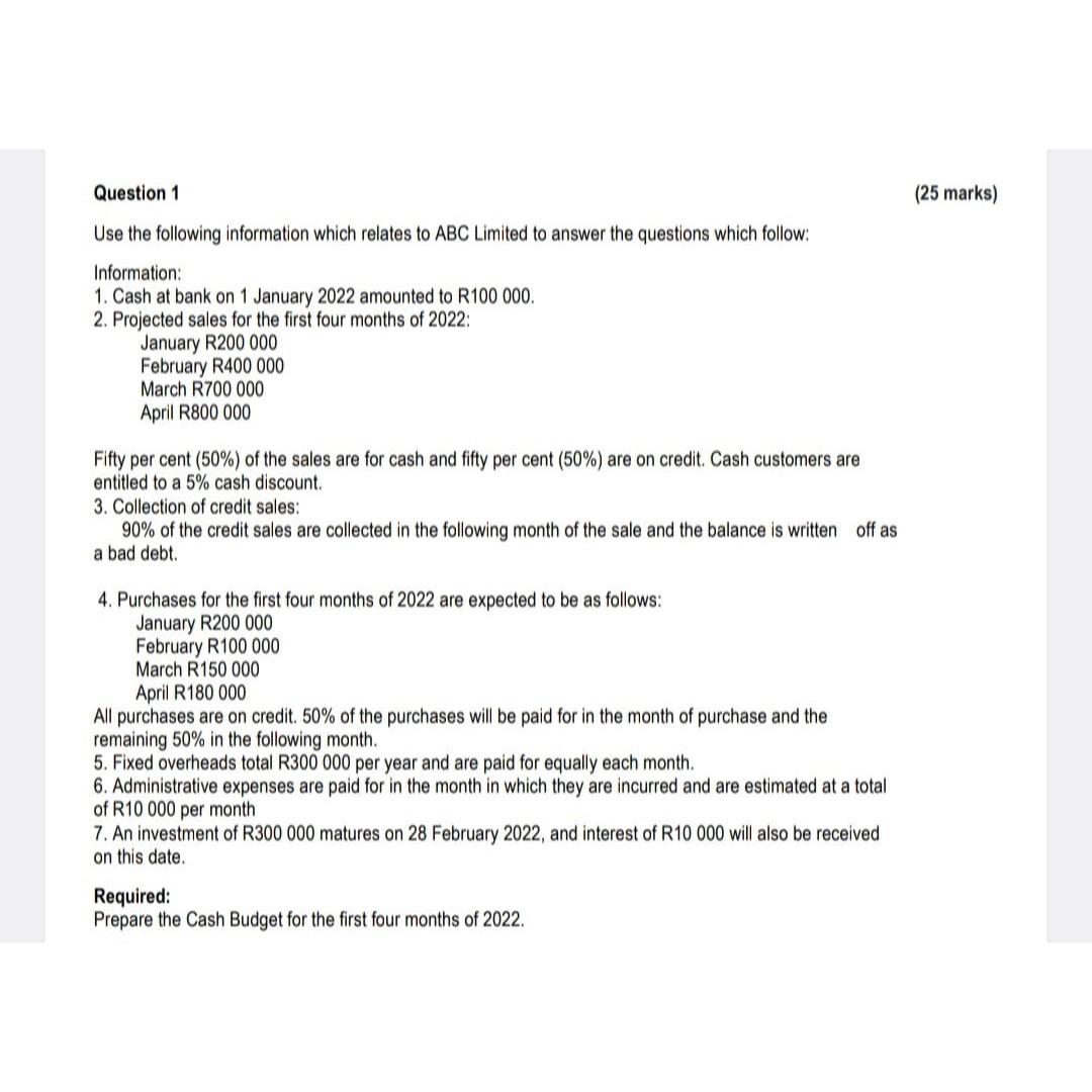 Solved Question 1(25 ﻿marks)Use the following information | Chegg.com