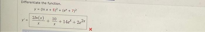 Differentiate the function. \[ \begin{array}{c} y=(\ln x+5)^{2}+\left(e^{x}+7\right)^{2} \\ y^{\prime}=\frac{2 \ln (x)}{x}+\f