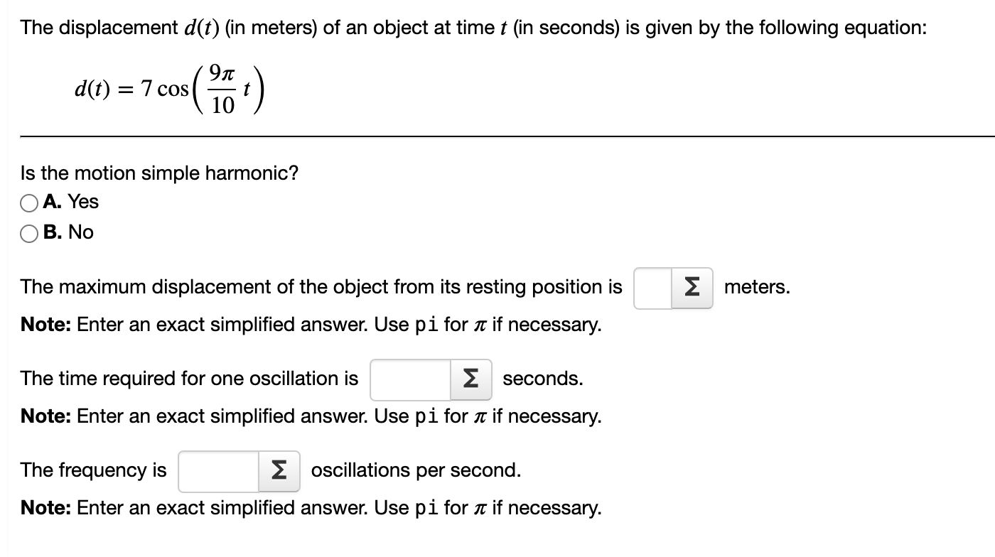 Solved The displacement d(t) (in meters) ﻿of an object at | Chegg.com