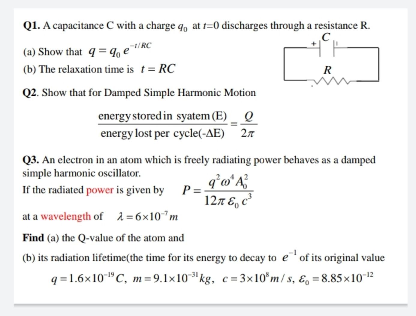 Solved Q1 A Capacitance C With A Charge Q At T 0 Discha Chegg Com