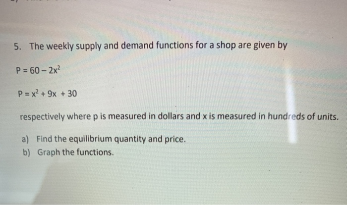 Solved 5. The weekly supply and demand functions for a shop | Chegg.com